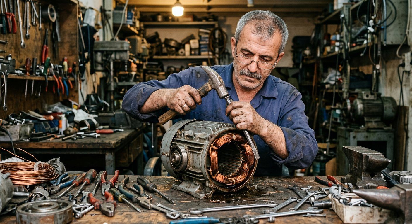 Atölyede kullanım dışı elektrik motorunu ayıran usta