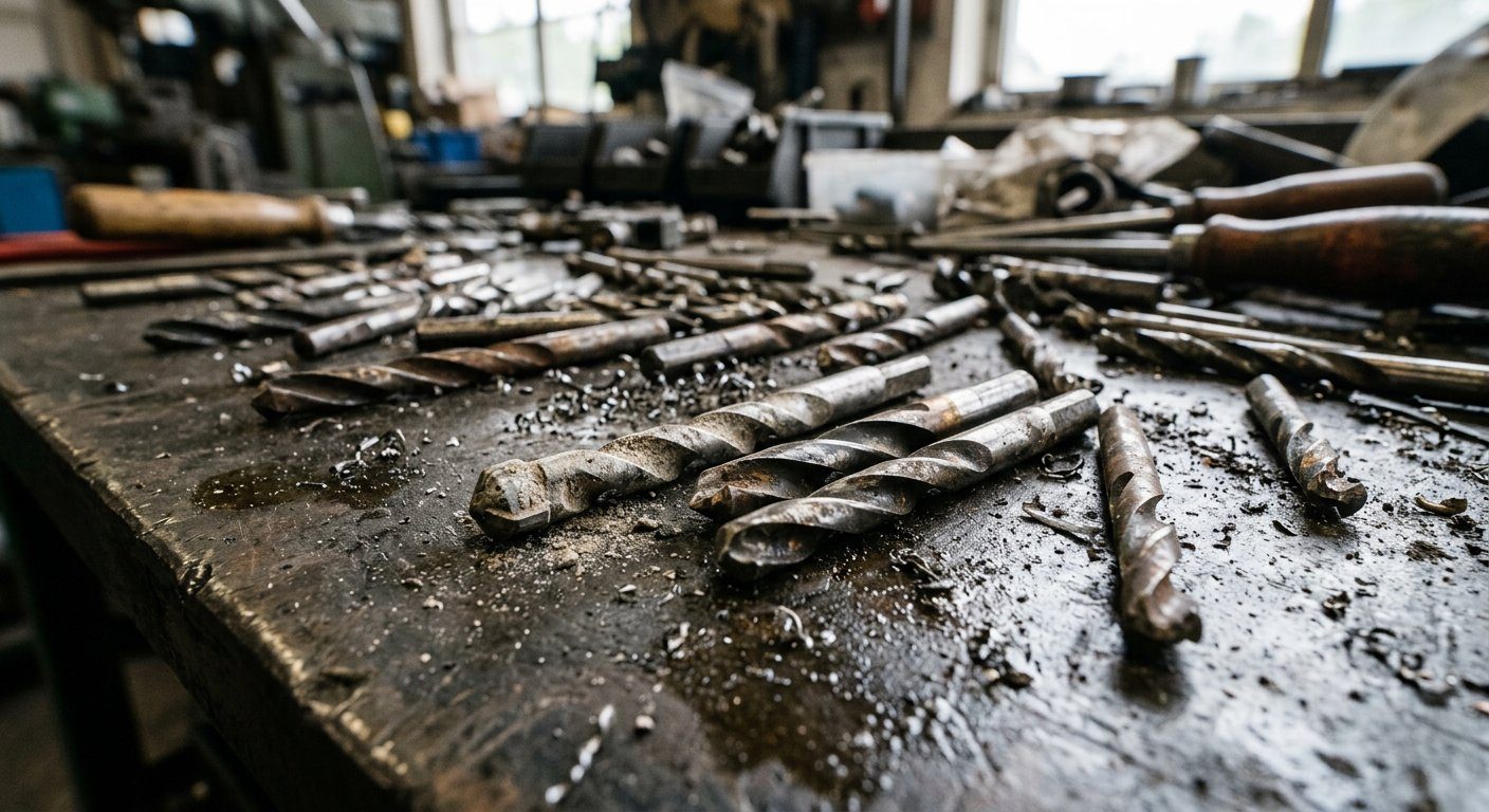 Atölyede biriken küçük metal parçaları ve işleme artıkları